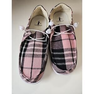 New Corkys Pink And Black Plaid Slip On Shoes. Womens Size 11